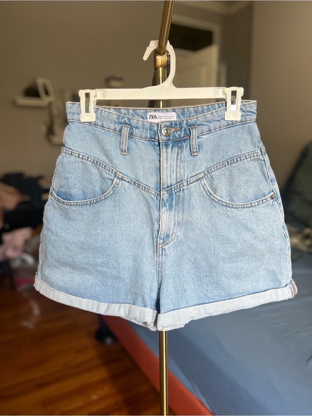 Zara Light Wash High-Rise Rolled Hem Denim Shorts